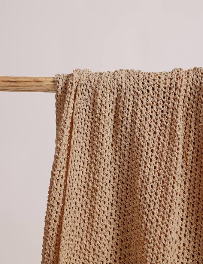 Chunky Cotton Knit Throw Blanket, Light Weight Cable Knit Throws for Bed Couch Sofa, Comfy & Relaxing, Decorative Piece for Farmhouse Modern Rustic Scandinavian Chic Vibe, Beige 60x80 Inches