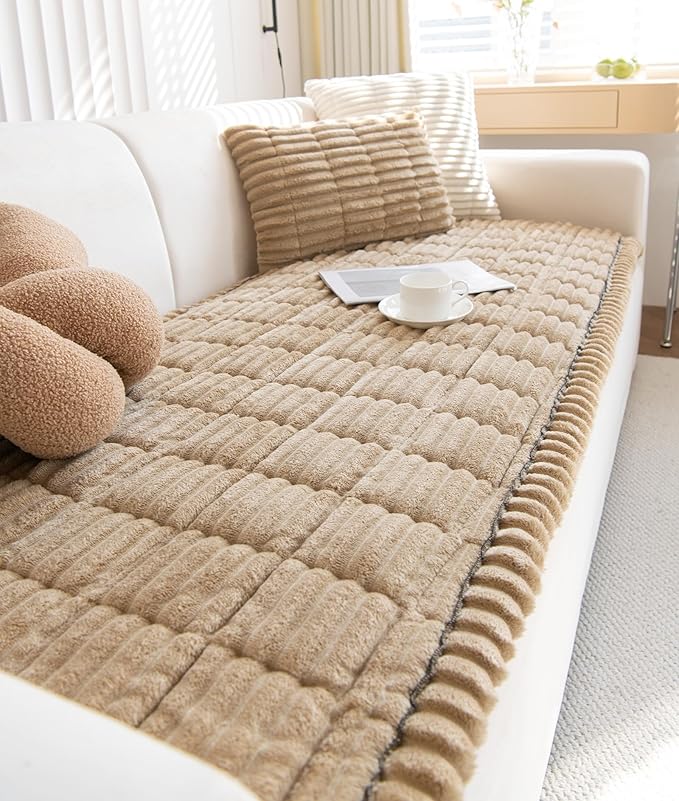 Faux Fur Plush Dog Couch Cover 3D Stripe Fuzzy Sofa Cover Non-Slip Fluffy Dog Bed Cover Pet Blanket Sofa Couch Furniture Protector for Puppy Large Dog Cat (Coffee,24"x35")