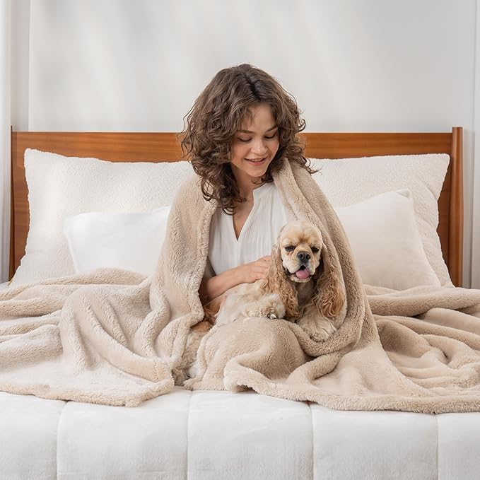 Berkshire Blanket Classic Extra-Fluffy™ Plush Throw Blanket, Soft Fuzzy Fluffy Long Hair Throw Blanket for Couch Sofa Bed, Chino Khaki, 50x60 Inches