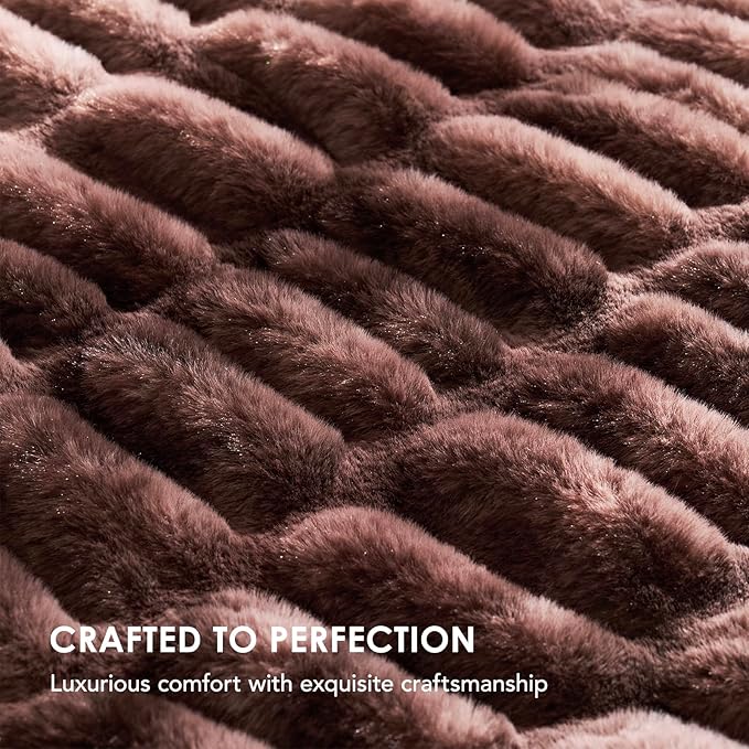 EVERGRACE Luxurious Soft Faux Rabbit Fur Throw Blanket, Cozy Fuzzy Plush Warm Throws for Couch Bed Sofa Chair Home Decor, Ruched Bubble Fluffy Blanket with Reversible Velvet, 60" x 80", Mocha Brown