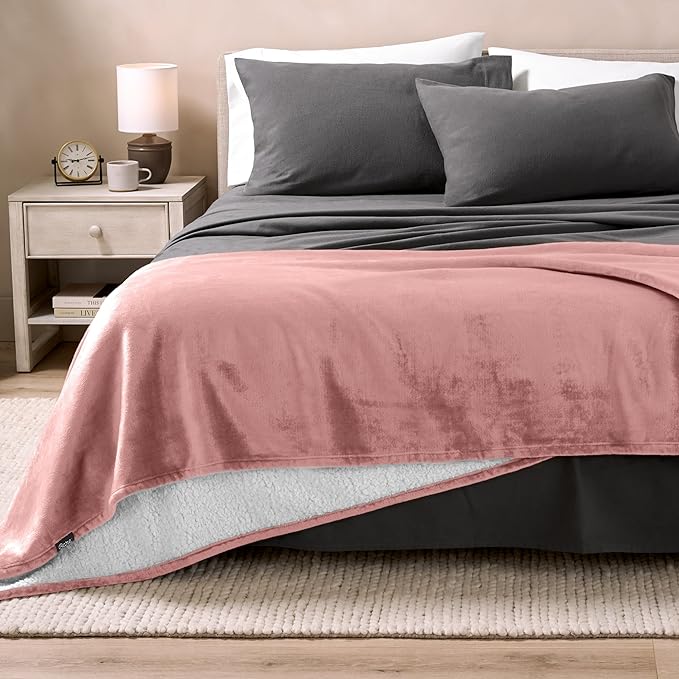 Bare Home Sherpa Fleece Blanket - Full/Queen Size - Blanket for Bed, Sofa, and Couch - Warm & Lightweight - Fluffy & Soft - Reversible (Full/Queen, Old Rose)