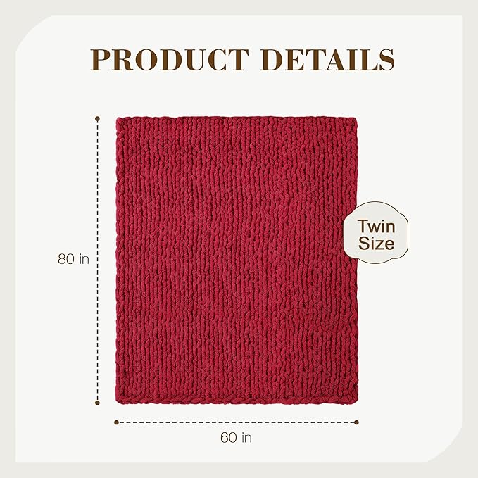 Carriediosa Chunky Knit Throw Blanket 60" X 80" Twin, 100% Hand Made Large Chenille Loop Yarn Soft Fluffy Throws for Couch Sofa Bed, Big Crochet Cozy Heavy Thick Cable Woven Blankets, Red
