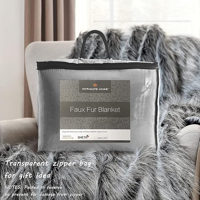 Luxury Faux Fur Blanket King Size, Ultra Big Grey and Black High Pile Mixed Faux Fur Throw Blanket, Oversized Super Warm, Fuzzy, Elegant, Fluffy Decoration Throws for Sofa, Couch and Bed, 104''x 90''