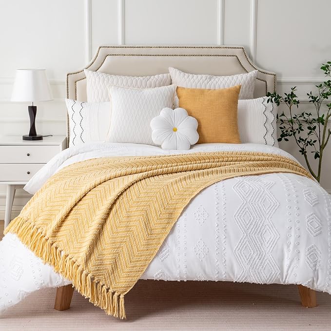 BATTILO HOME Gold Throw Blanket for Couch, Fall Decor Blankets & Throws, Fall Throw Blanket for Autumn Halloween Decoration, Yellow Blanket with Tassels for Bed Sofa, 50"x60"