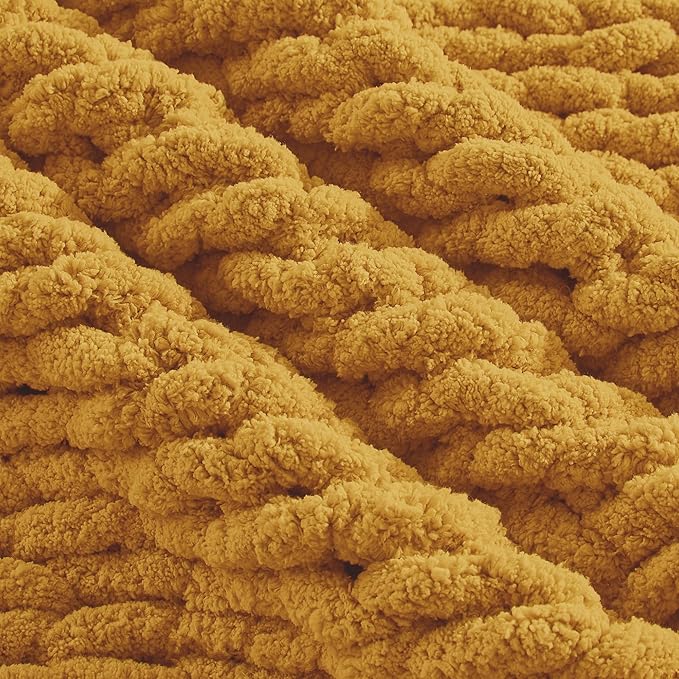 Carriediosa Chunky Knit Throw Blanket 60" X 80" Twin, 100% Hand Made Large Chenille Loop Yarn Soft Fluffy Throws for Couch Sofa Bed, Big Crochet Cozy Heavy Thick Cable Woven Blanket, Yellow