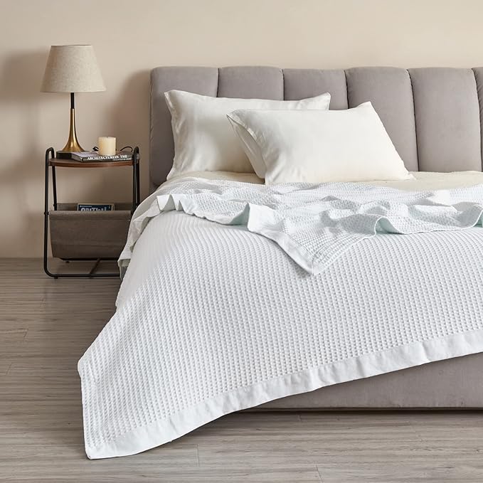 100% Cotton Waffle Weave Lightweight Summer Bed Blanket - Full Queen Size - 90x90in Prewashed Breathable, Layering Blanket (Pale Blue)