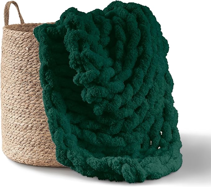 Adyrescia Chunky Knit Blanket Throw | 100% Hand Knit with Jumbo Chenille Yarn (50"x60", Forest Green)