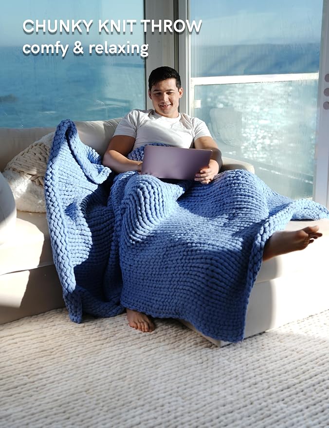 YnM Chunky Throw Blanket, Medium-Weight, Hand Knitted, Skin Friendly, Ventilated and Breathable, Machine Washable, Home Décor Piece for Couch, Sofa and Bed (Cerulean Blue, 50x70 Inch)
