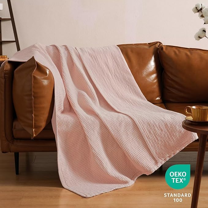 PHF 100% Cotton Waffle Muslin Throw Blanket Large 50" x 70", Lightweight and Breathable Washed Cotton Blanket, Aesthetic Soft Muslin Waffle Bedding for Sofa Bed Home Decor, Rose Smoke