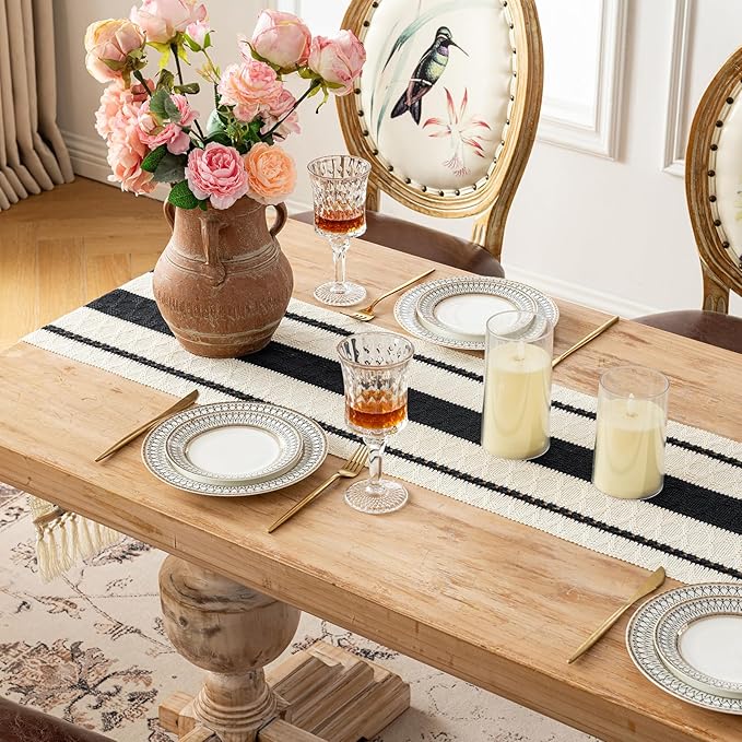 Fancy Homi Black Table Runner 108 Inches Long Boho Macrame Table Runner for Home Decor, Farmhouse Table Runners with Tassels for Party Bohemian Rustic Bridal Shower Dining Decor 12x108 Inches