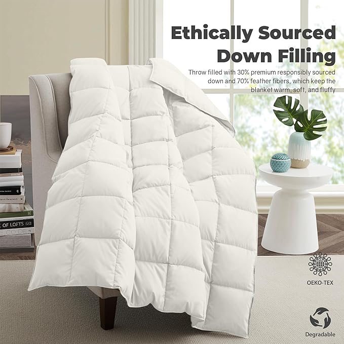 Soft Lightweight Down Blanket for Bed Sofa Couch Indoor and Outdoor Use, Warm and Fluffy Throw Blanket, White, Queen Size (90"X88")