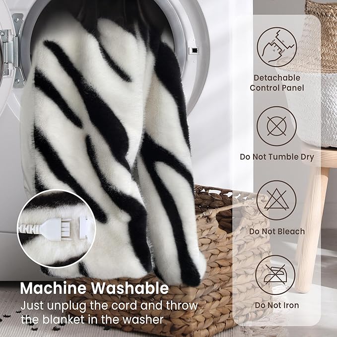 Luxury Faux Fur Heated Blanket Electric Throw - Zebra Print Ultra Soft Thick Warm Heated Blanket, 6 Heating Levels & 12 Hours Auto-Off, ETL Certified, Washable, Luxurious Gifts, 50''x60''