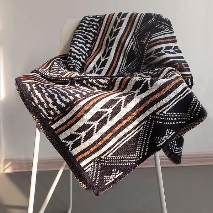 ELASAD Western Throw Blanket for Couch, Rustic Blue Throw Blankets, Vintage Patterned Boho Throw Blanket for Sofa Bed and Living Room, 50" X 60"