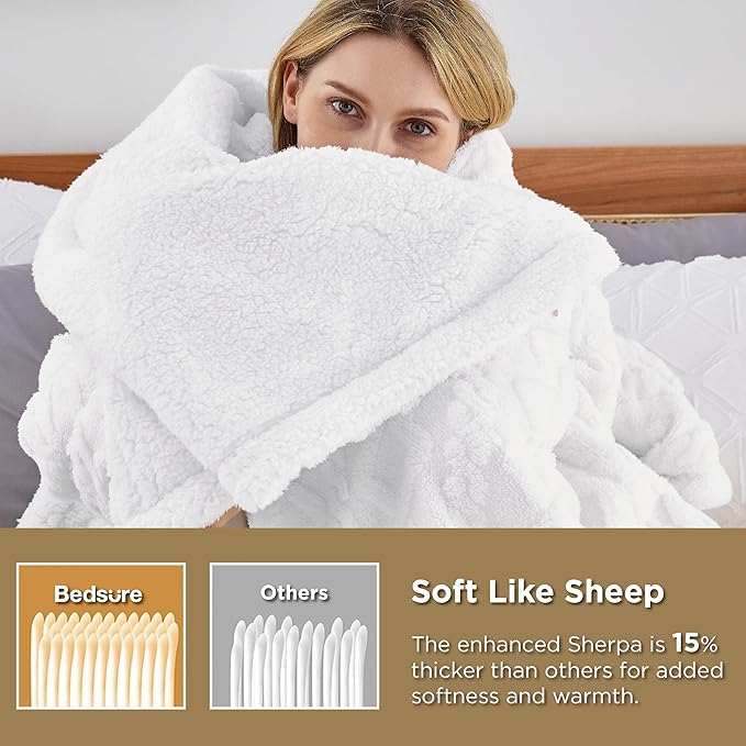 Bedsure Sherpa King Size Blanket for Bed- Fleece Soft Cozy Fuzzy Cable Blankets for Women, Thick Warm for Winter and All Seasons, White, 108x90 Inches