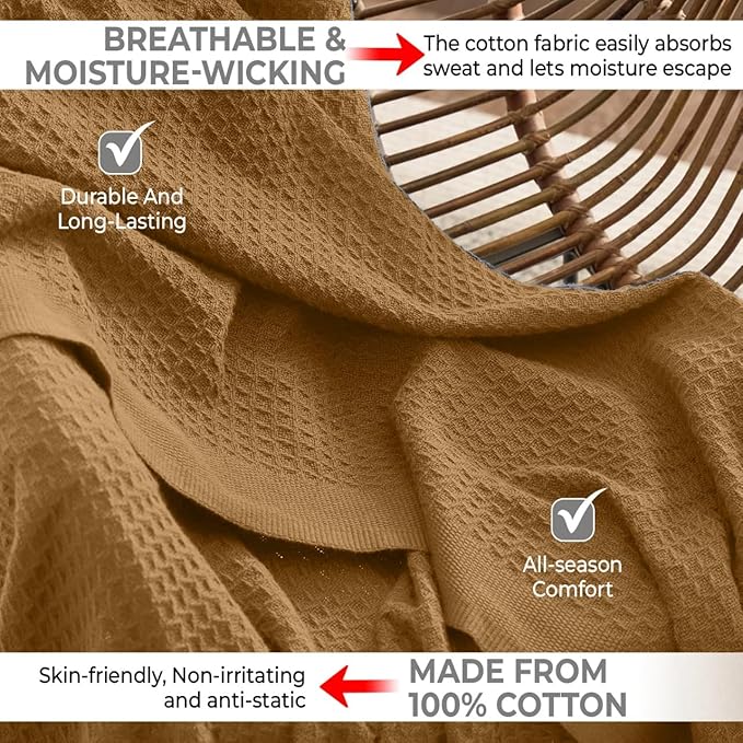 100% Cotton Blankets Queen Size for Bed - Waffle Weave Blankets for Summer, Lightweight and Breathable Soft Woven Blanket for Spring, White, 90x90 Inches (Orange, Queen (90" x 90"))