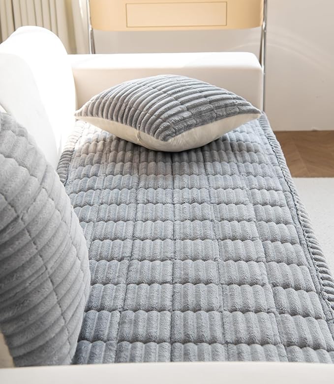 Faux Fur Plush Dog Couch Cover 3D Stripe Fuzzy Sofa Cover Non-Slip Fluffy Dog Bed Cover Pet Blanket Sofa Couch Furniture Protector for Puppy Large Dog Cat (Light Grey,31"x82")
