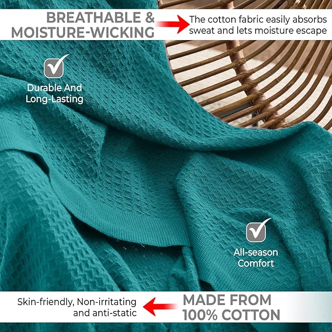 100% Cotton Blankets for Throw Size Bed - Waffle Weave Blankets for Summer, Lightweight and Breathable Soft Woven Blanket for Spring (Teal, Throw (50" x 60")