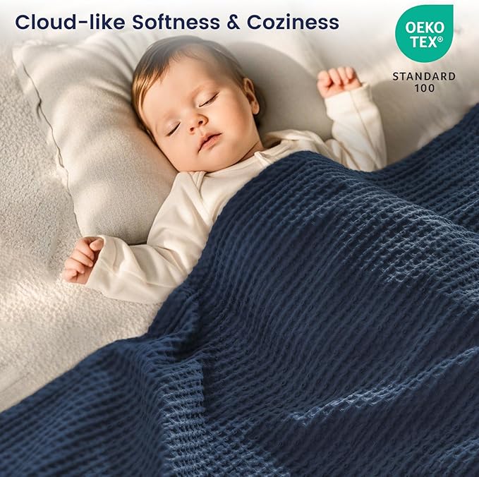 PHF Pre-Washed Cotton Waffle Weave Blanket Throw Size for Bed Couch,Snag Proof Spring Summer Lightweight Breathable,Oeko-TEX Certified,Machine Washable, Home Decor Gift,Dark Navy