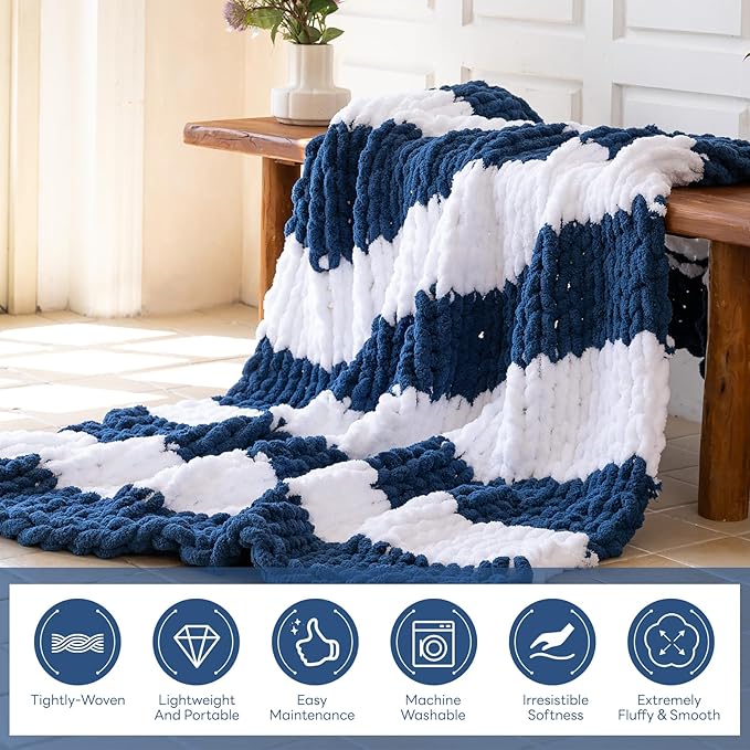 Chunky Knit Blanket - Luxury Soft Cozy Queen Size(50 * 60) Throw Blanket,100% Woven Blanket Rope Knot Throw Blanket for Couch, Sofa, Home Decor, Gift - Machine Washable(White/Deep Blue)
