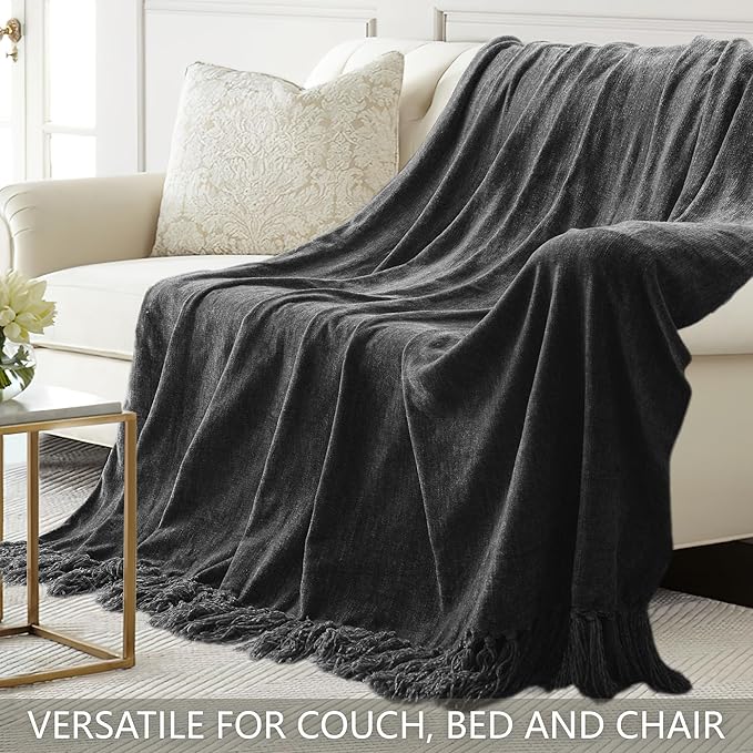 Chenille Throw Blanket for Couch 50"X 60", Soft Cozy Throws with Fringe Tassel for Bed Sofa Chair Cover, Lightweight Knitted Decorative Boho Blankets for Living Room, Dark Grey