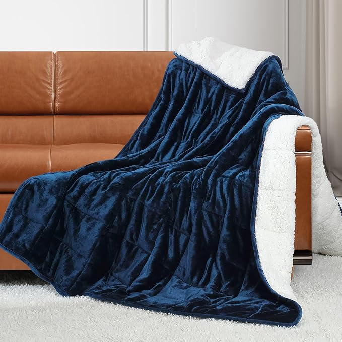Alomidds Weighted Blanket Twin Size 15lbs 48x72 inches, Sherpa Weighted Blankets for Adults,Fluffy Warm Sherpa & Cozy Soft Flannel Snuggle Thick Heavy Blanket Great for Calming and Relax, Navy
