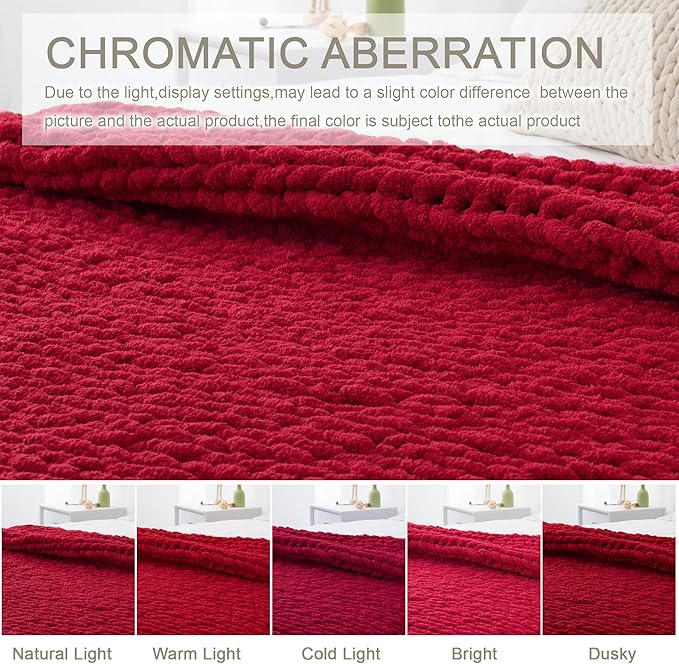 Chunky Knit Throw Blanket 60"X 80", 100% Handmade with Soft Chenille Yarn, 4.4lbs Thick Cable Knitted Blankets, Large Rope Knot Crochet Throws for Couch Sofa Bed Home Decor, Red