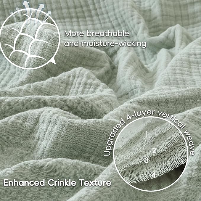 PHF 100% Cotton Muslin Blanket Queen Size 90" x 90", 4-Layer Lightweight and Breathable Blanket for Summer, Luxuriously Soft Gauze Bedding for Bed, Natural Minimalism Style, Ideal Gift, Sage Green