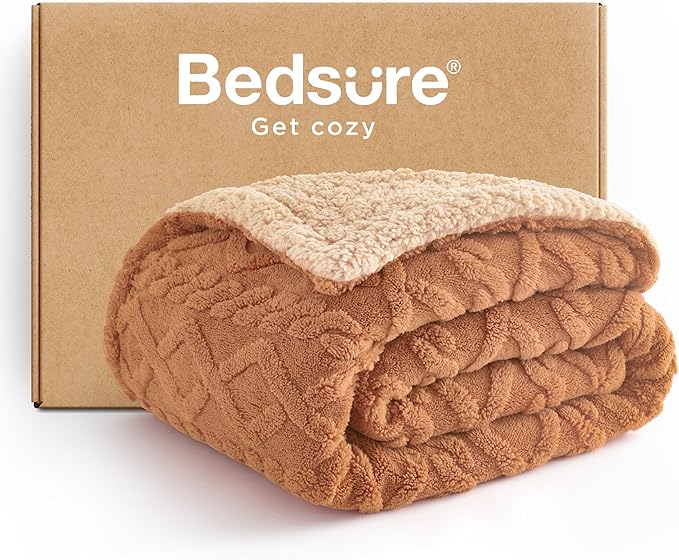 Bedsure Sherpa Fleece Blanket Twin Size for Bed - Fuzzy Soft Cozy Cable Throw for Couch, Thick Warm Blankets for Winter, Light Brown, 60x80 Inches