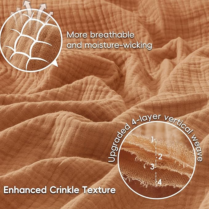 PHF 100% Cotton Muslin Blanket King Size 108" x 90", 4-Layer Lightweight and Breathable Blanket for Summer, Luxuriously Soft Gauze Bedding for Bed, Natural Minimalism Style, Ideal Gift, Caramel