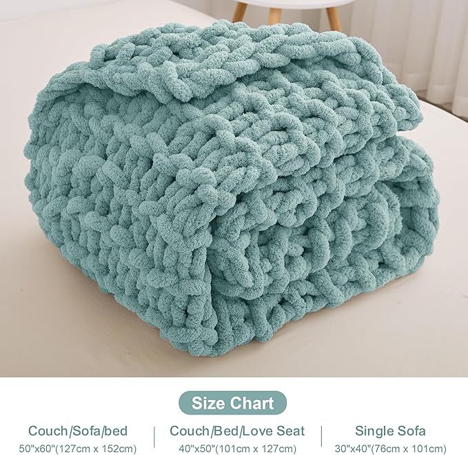 Knit Blanket 50"x60" Aqua Blue Cream Soft Washable Chenille Throw Blanket Cozy 100% Handmade Crochet Blankets with Jumbo Chenille Yarn for Couch Bed Sofa Room Decor