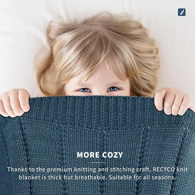 RECYCO Cable Knit Navy Blue Throw Blanket Twin Size for Couch, Super Soft Warm Cozy Decorative Knitted Throw Blanket 3.6LB for Bed, Sofa, Chair Large 60"x80"