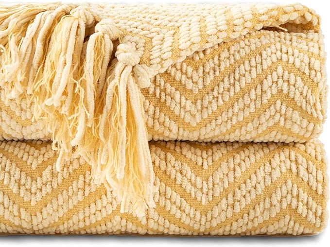 BATTILO HOME Gold Throw Blanket for Couch, Fall Decor Blankets & Throws, Fall Throw Blanket for Autumn Halloween Decoration, Yellow Blanket with Tassels for Bed Sofa, 50"x60"