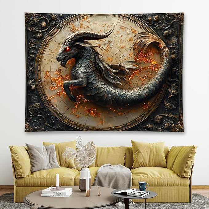Liuzhouzai Vintage Zodiac Capricorn Tapestry Wall Hanging Astrology Home Decoration Aesthetics Suitable for Bedroom Living Room Dormitory Office Wall Decor 80x60 Inches