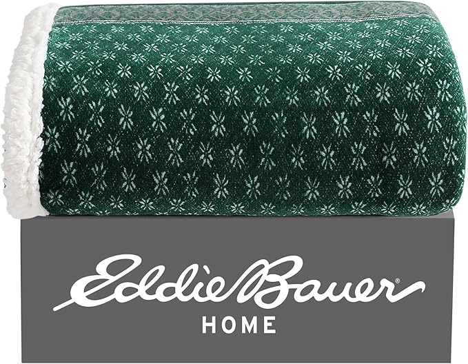 Eddie Bauer- Throw Blanket, Reversible Sherpa Fleece Bedding, Home Decor for All Seasons (Fair Isle Green, Throw)