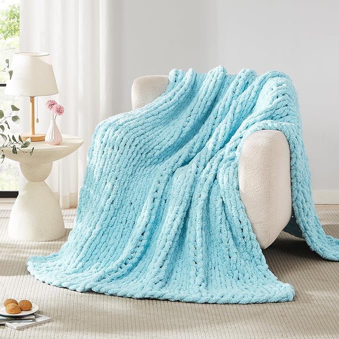 L'AGRATY Chunky Knit Blanket Throw - Soft Chenille Yarn Throw Blanket 40x50: Handmade Thick Cable Knit Crochet Blanke - Large Knit Blanket Chunky Rope Knot Throw Blanket for Couch Sofa Bed Home Decor