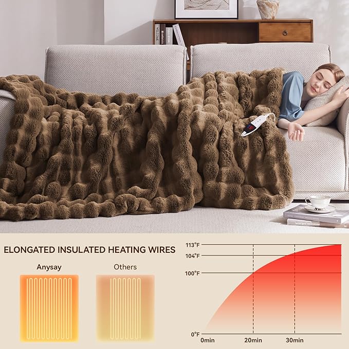Heated Blanket Throw with 1/2/4/6/8 Hours Auto-Off 10 Heat Level, 62'' * 84'' Cozy Faux Rabbit Fur Bubble Electric Blanket with Overheat Protection(Brown)