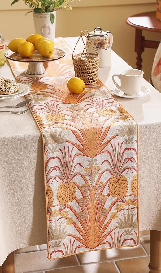 patdrea Designer Tropical Linen Table Runner 71 Inch Long, Yellow Vintage Elegant with Pineapple Pattern Table Mat,Decoration for Kitchen Dining Coffee Table Cover Banquet Christmas , 12"*71"