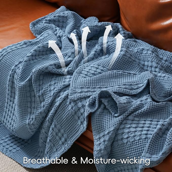 PHF 100% Cotton Waffle Weave Blanket King Size, Soft Lightweight Breathable Cozy Summer Blankets for Bed, Luxury Aesthetic Woven Bedding for Home Decor, 108"x90", Captain's Blue