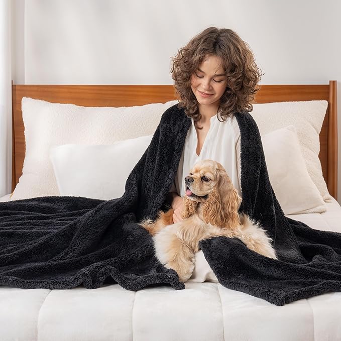 Berkshire Blanket Classic Extra-Fluffy™ Plush Blanket King Size, Soft Fuzzy Fluffy Long Hair Blanket for Couch Sofa Bed, Black, 90x108 Inches