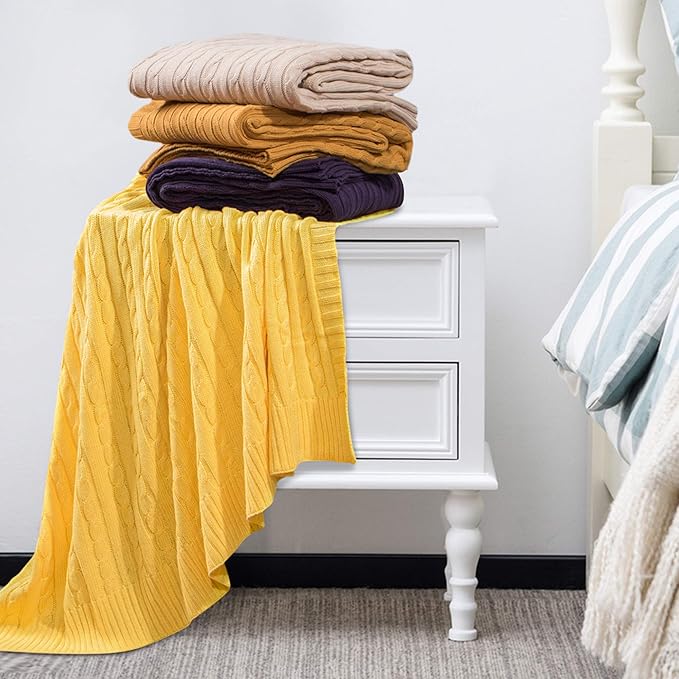 NTBAY 100% Pure Cotton Cable Knit Throw Blanket, Super Soft Warm 51x67 Knitted Throw Blanket for Couch, Sofa, Chair, Bed - Extra Cozy, Machine Washable, Comfortable Home Decor, Yellow