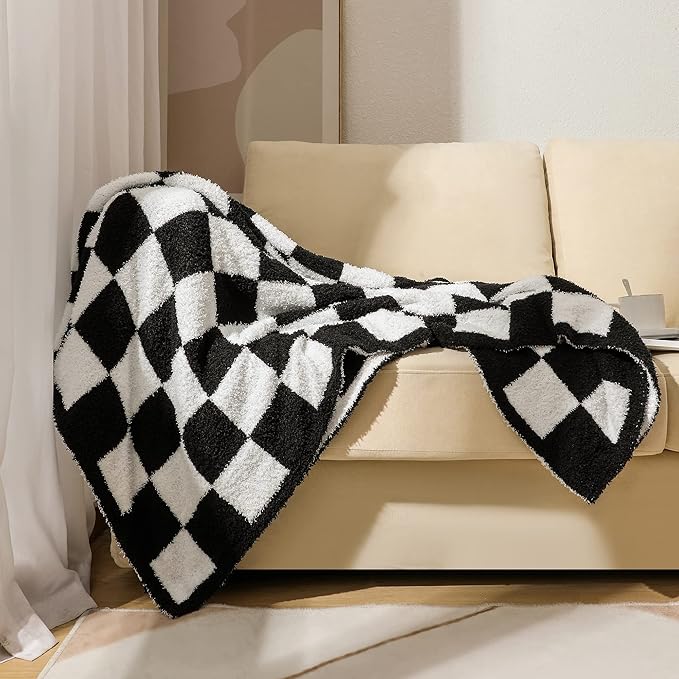Super Soft Luxurious Warm Checkered Throw Blanket - Reversible for Couch, Bed, Sofa - 50x60 Inches - Black and White Pattern