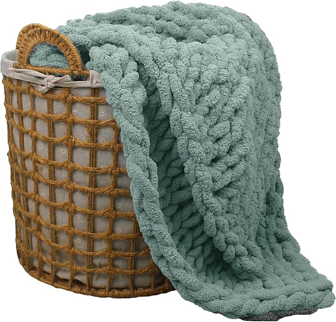 Carriediosa Chunky Knit Throw Blanket 50" X 60", 100% Hand Made Large Chenille Loop Yarn Soft Fluffy Throws for Couch Sofa Bed, Big Crochet Cozy Heavy Thick Cable Woven Blanket, Sage Green