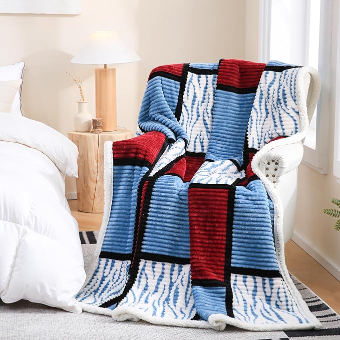 PU MEI Sherpa Blanket Fleece Throw Blanket Twin Plaid Thick Bed Blanket, Soft Warm Cozy Throw Blanket for Couch 60”*80” Zebra-Wine Blue