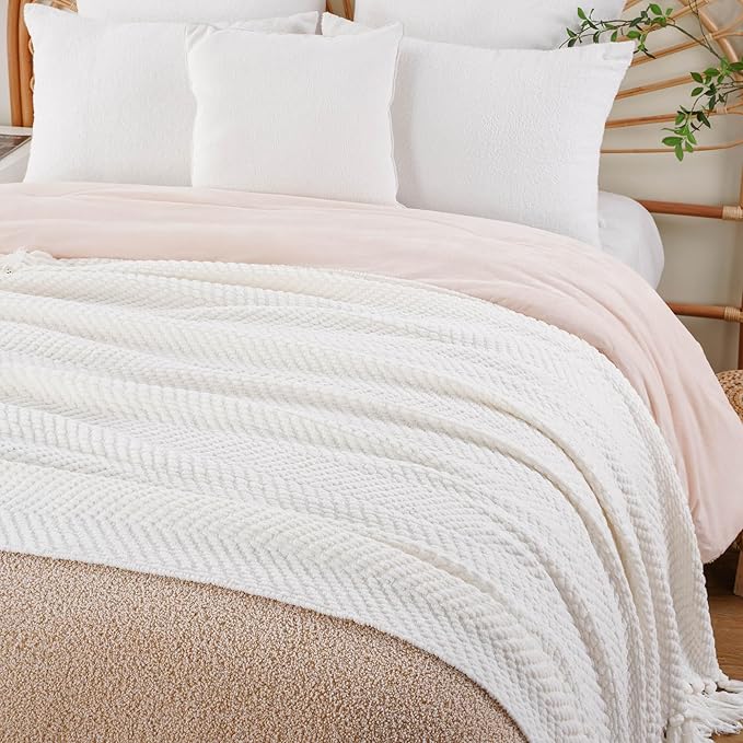 BATTILO HOME Cream White Throw Blanket for Couch, Ivory Throw Blanket for Bed, Warm Decorative White Blanket Throw for Home Decor, 50" x 60"