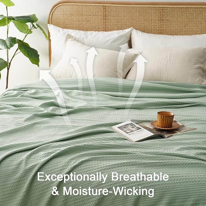 PHF Lightweight Waffle Weave Blanket Queen Size, Breathable & Ultra Soft, 90"x 90" Soft & Cozy Thin Blanket, Perfect for Summer & Hot Sleepers, Bed, Home Decor - Sage Green