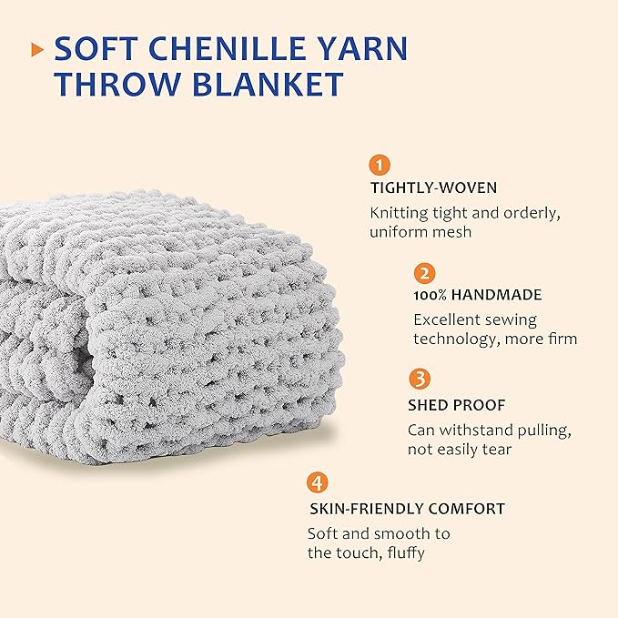 L'AGRATY Chunky Knit Blanket Throw - Soft Chunky Throw Blanket 50''x60'': 100% Hand Kintted Chenile Crochet Throw Blanket for Couch - Large Cable Knit Chunky Blanket for Home Decor(Grey)