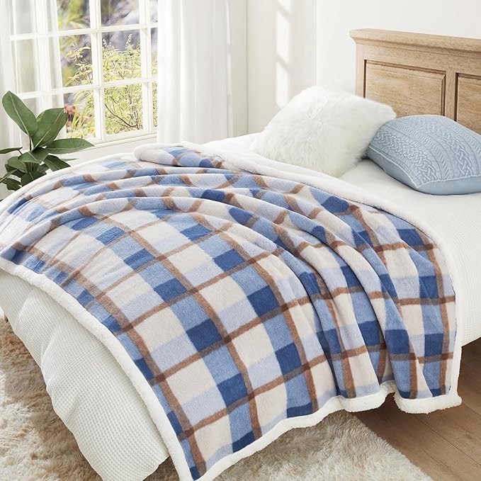 PU MEI Super Soft Faux Rabbit Fur Sherpa Fleece Throw Blanket, Reversible Luxury Cozy Cute Furry Blanket, Plush Warm Shaggy Fluffy Checkered Blankets for Sofa Couch Bed (Blue-Plaid, 80" x 90")