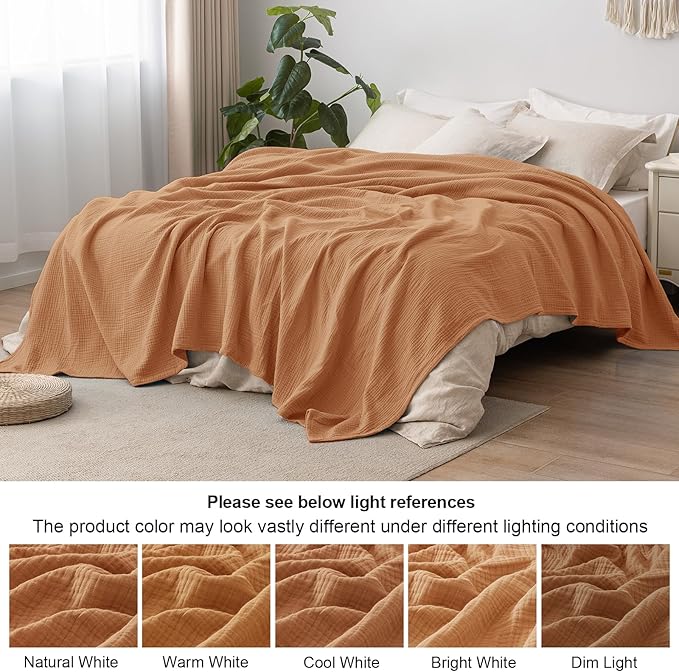 PHF 100% Cotton Muslin Blanket King Size 108" x 90", 4-Layer Lightweight and Breathable Blanket for Summer, Luxuriously Soft Gauze Bedding for Bed, Natural Minimalism Style, Ideal Gift, Caramel