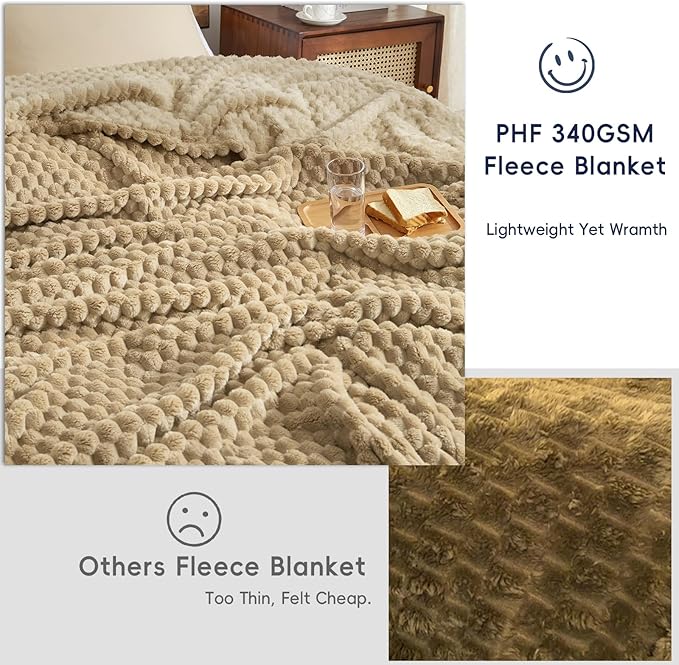 PHF Ultra Soft Flannel Fleece Blanket Twin Size, Lightweight 3D Jacquard Fleece Blanket, No Shedding, No Pilling, Luxury 340GSM Fluffy Cozy Bedding for Bed Room Decor, 66"x90", Camel/Light Khaki