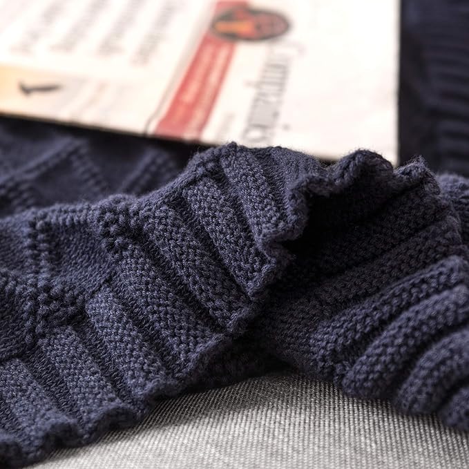 100% Cotton Navy Blue Cable Knit Throw Blanket with Bonus Laundering Bag - Large Thick, 2.5 Pounds,Extra Cozy, Machine Washable, Comfortable Home Decor (Navy X pattern, 50"x60")